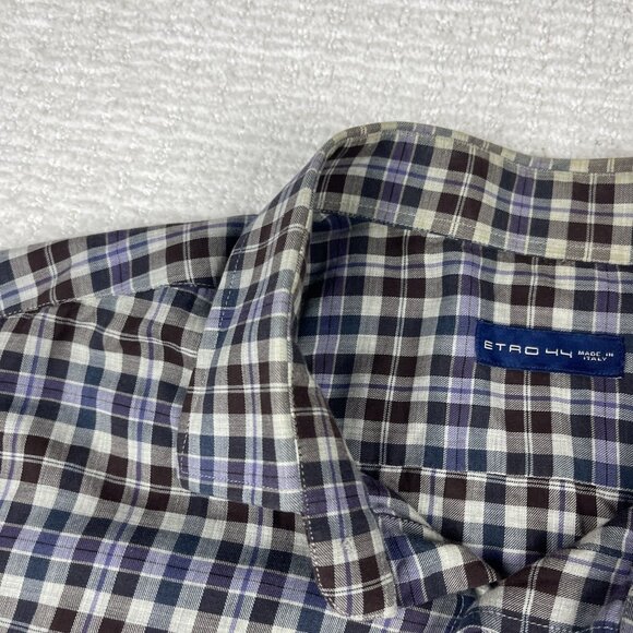 ETRO Shirt Men 44 Plaid Brown/Purple/Blue Preppy Dress Long Sleeve Made in Italy - Picture 13 of 16